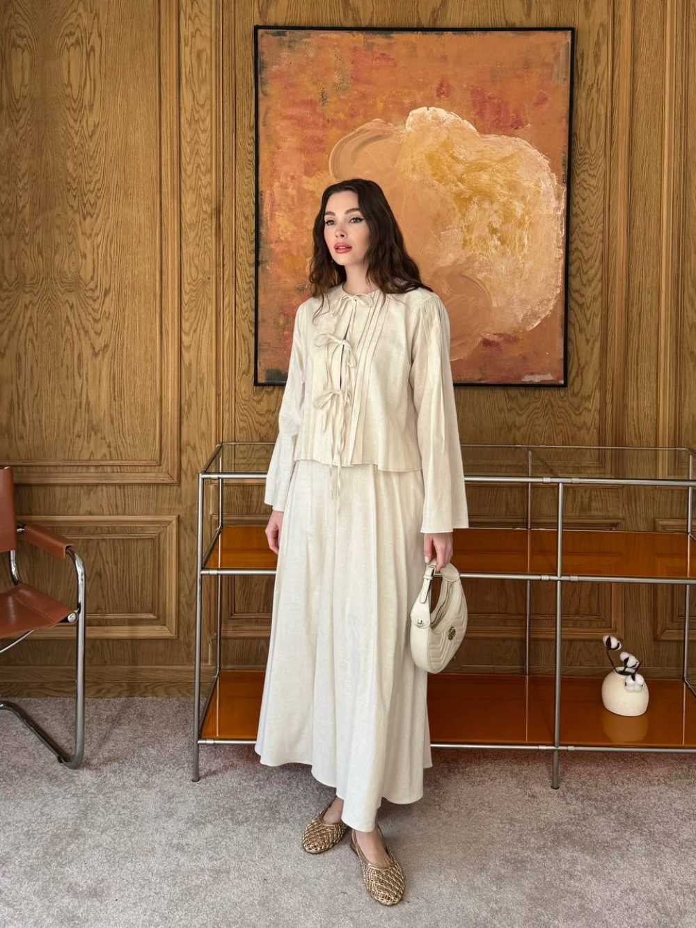 Front Tie Detail Linen Skirt Co-Ord Cream