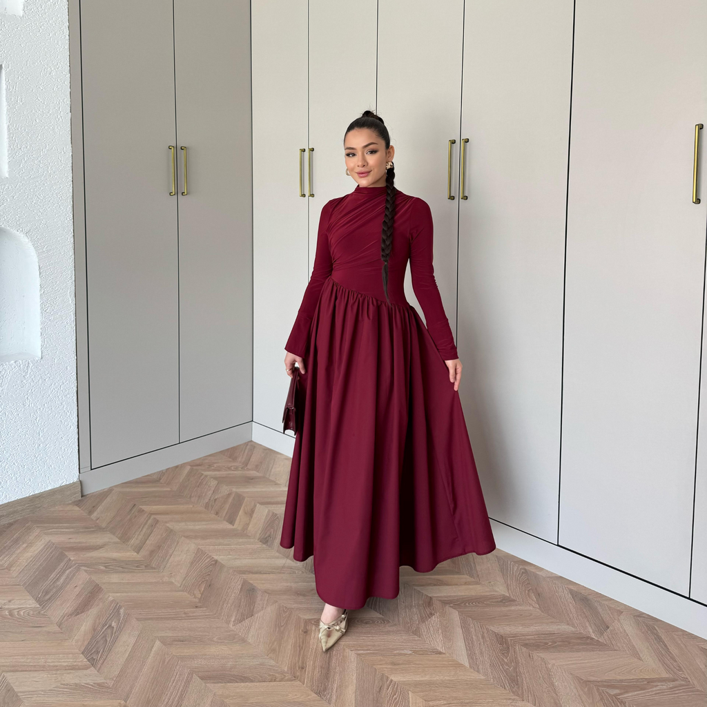 Layal Burgundy Gathered long-sleeved Maxi dress
