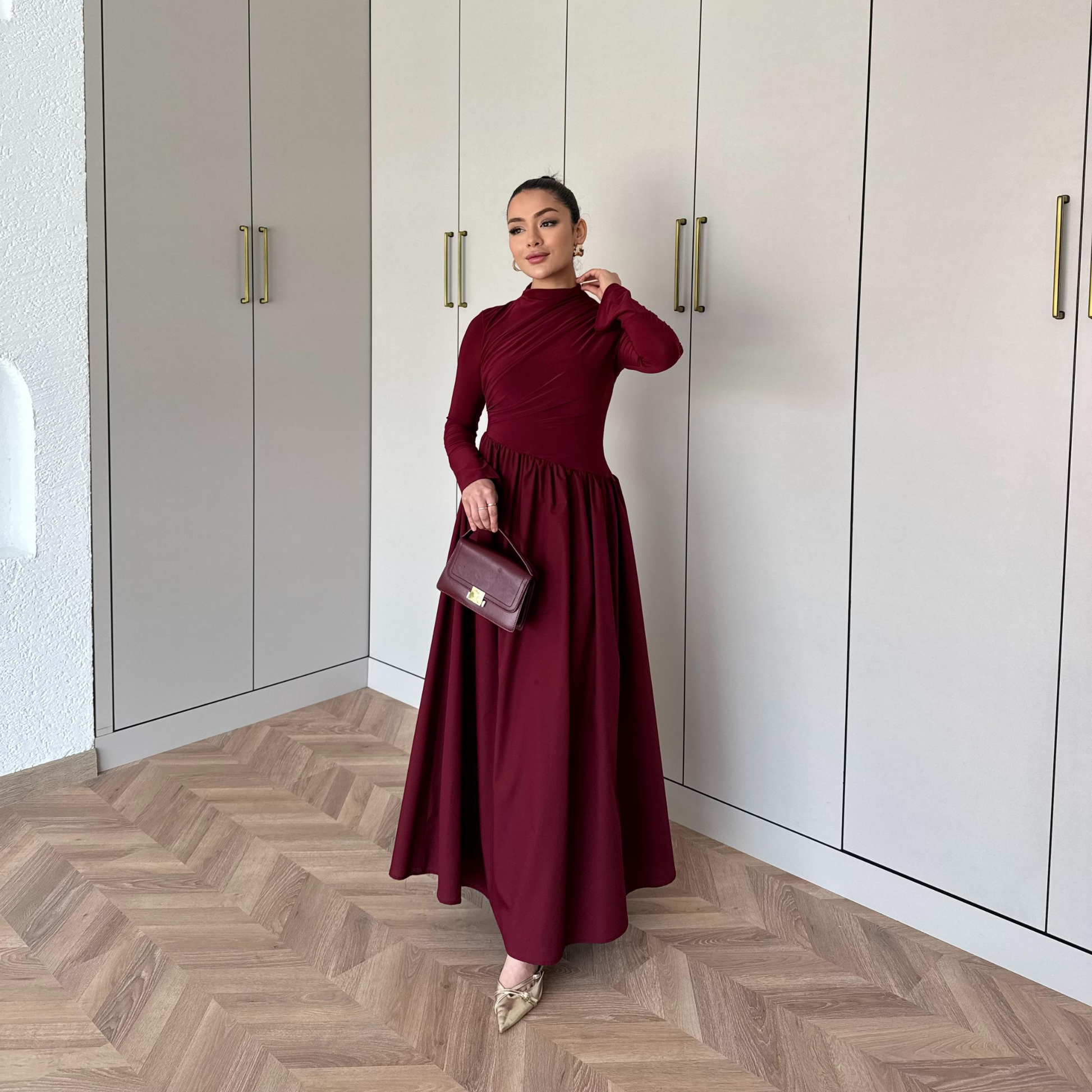 Layal Burgundy Gathered long-sleeved Maxi dress