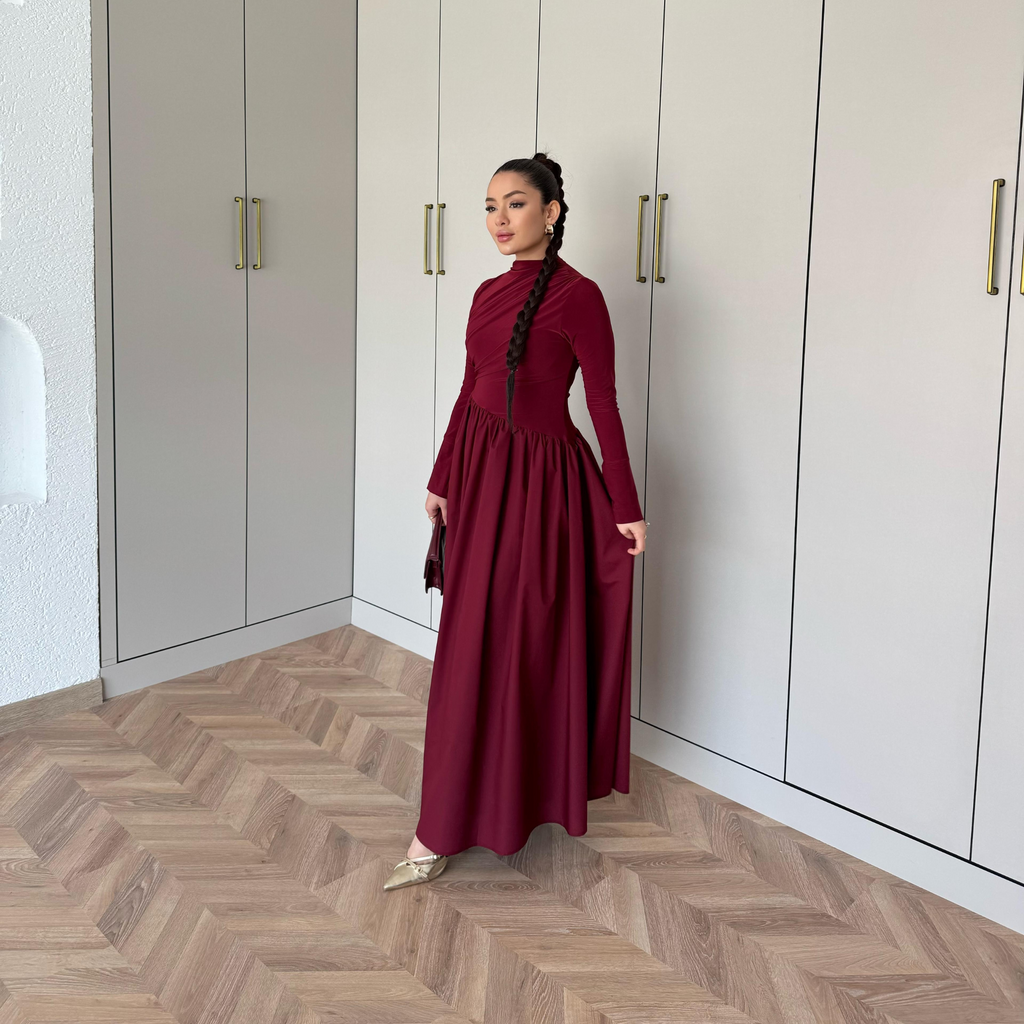 Layal Burgundy Gathered long-sleeved Maxi dress