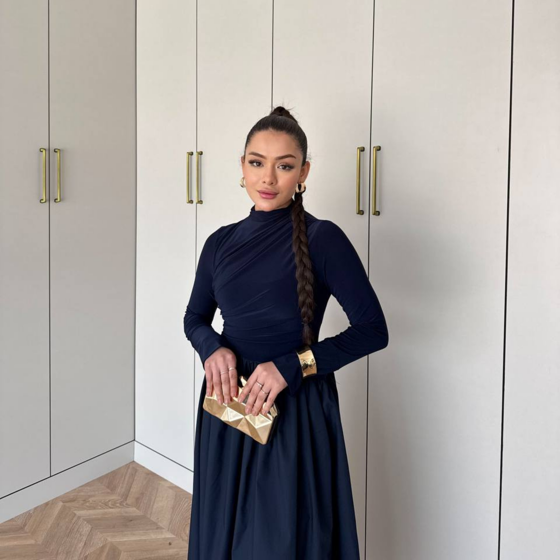 Layal Navy Gathered long-sleeved Maxi dress