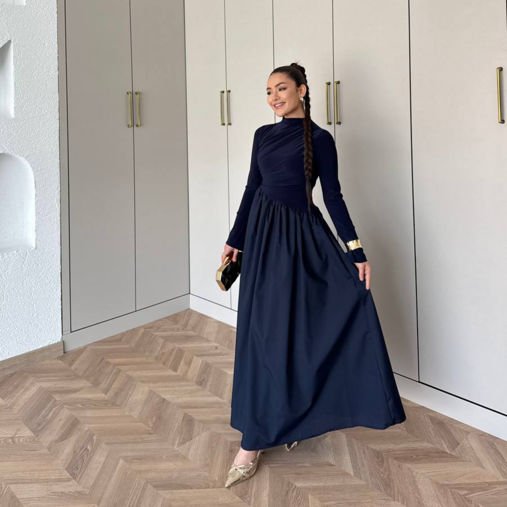 Layal Navy Gathered long-sleeved Maxi dress