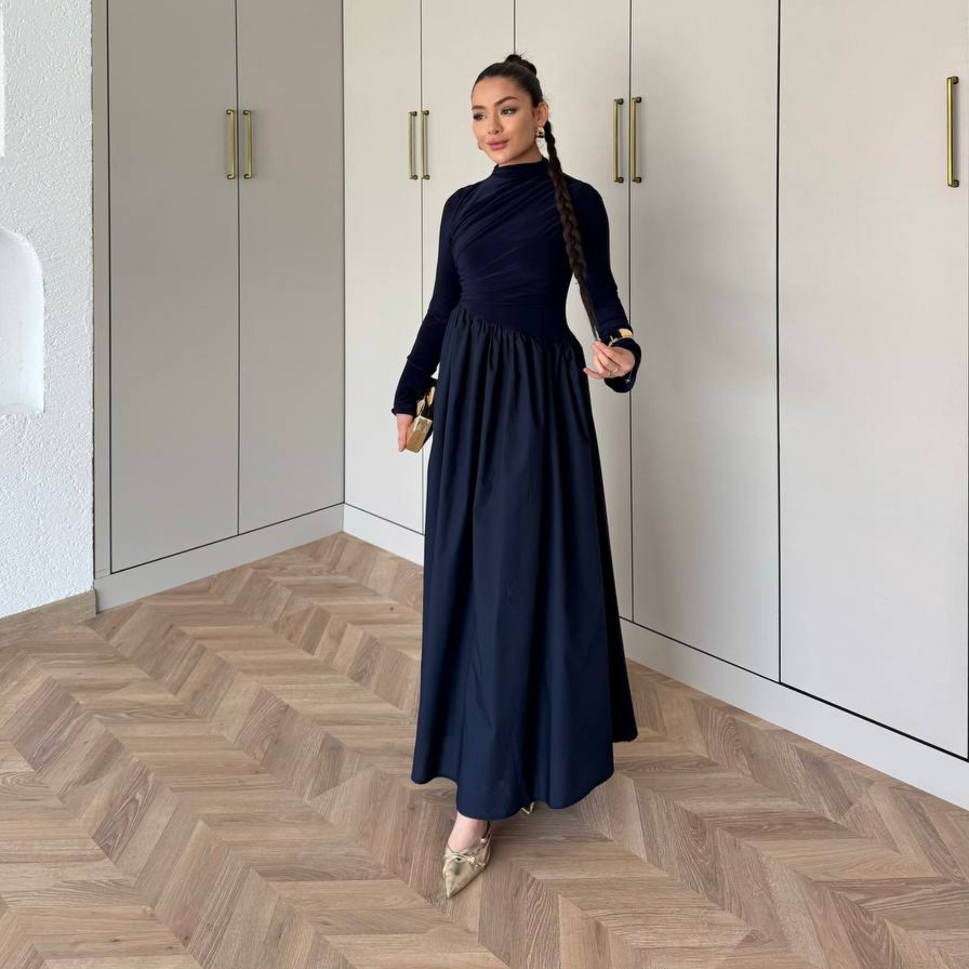 Layal Navy Gathered long-sleeved Maxi dress