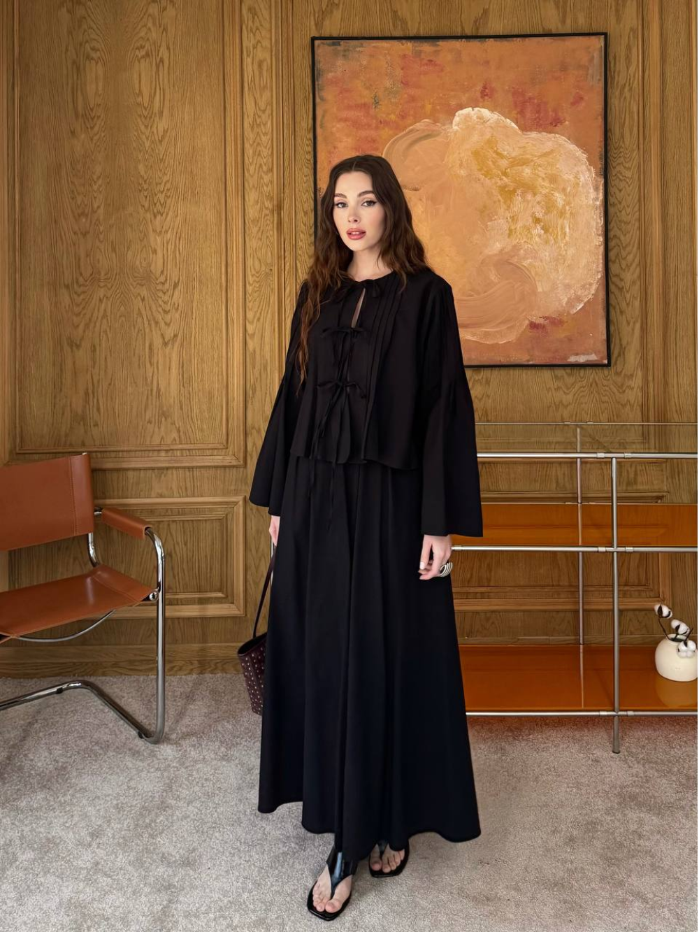 Front Tie Detail Linen Skirt Co-Ord Black