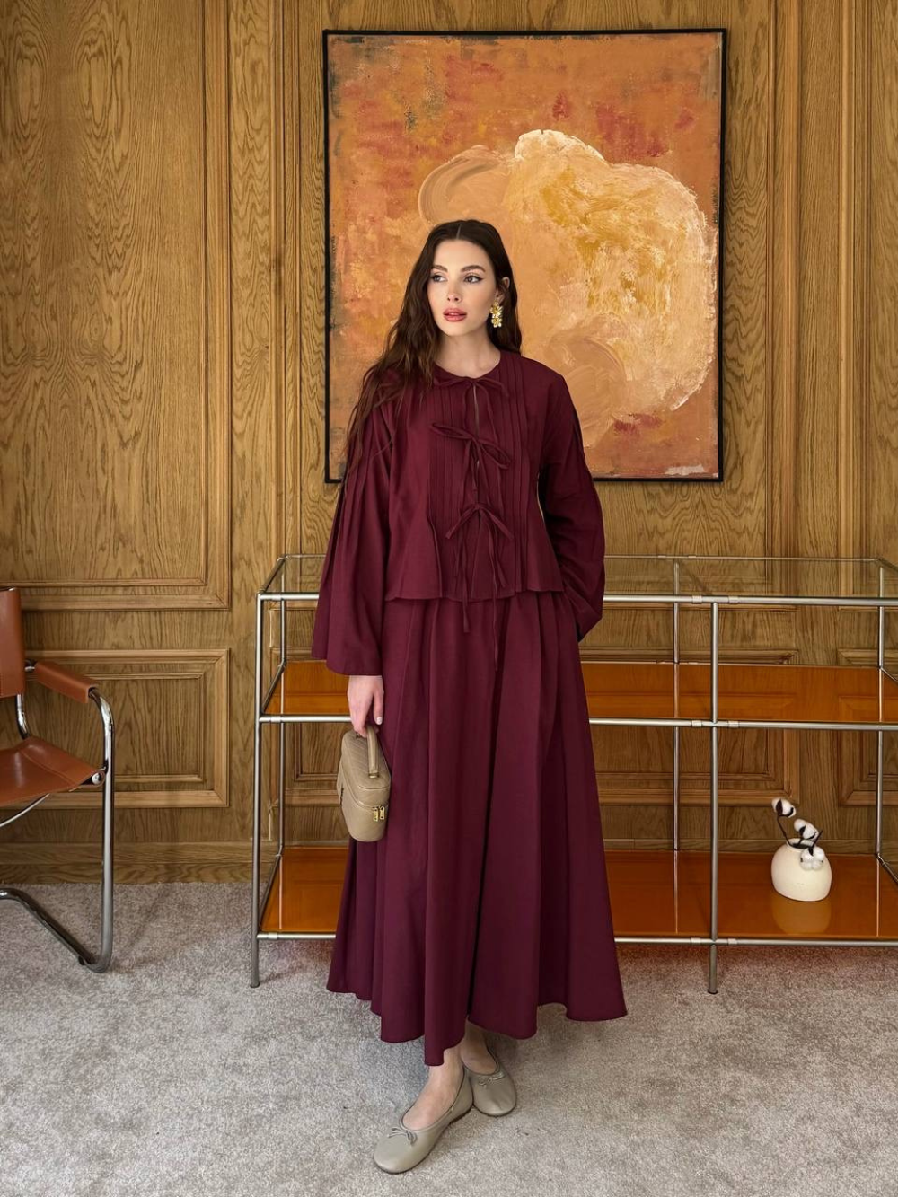 Front Tie Detail Linen Skirt Co-Ord Burgandy
