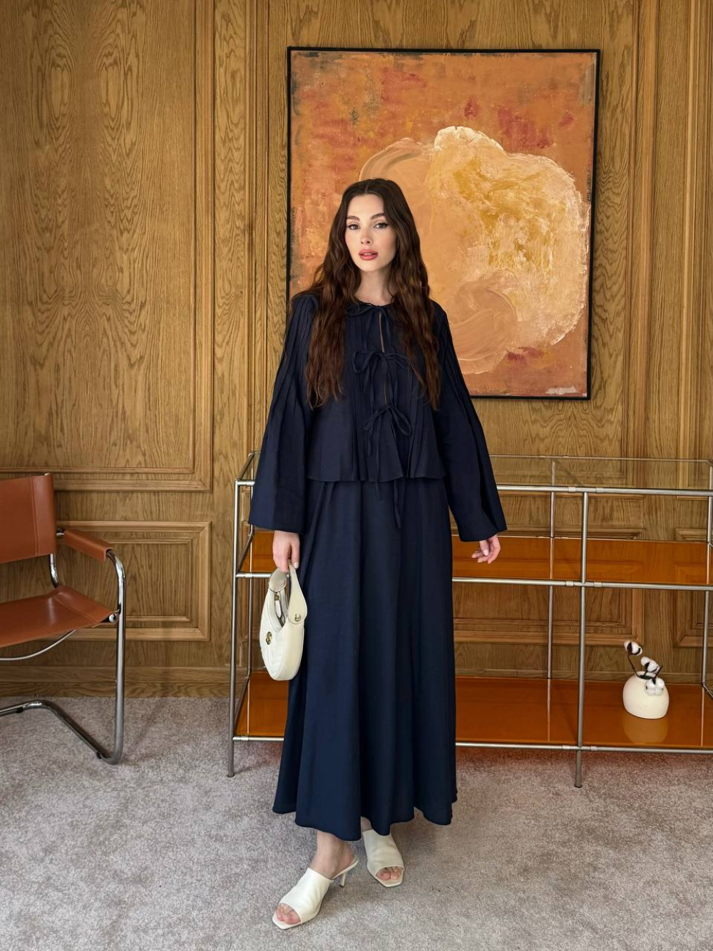 Front Tie Detail Linen Skirt Co-Ord Navy