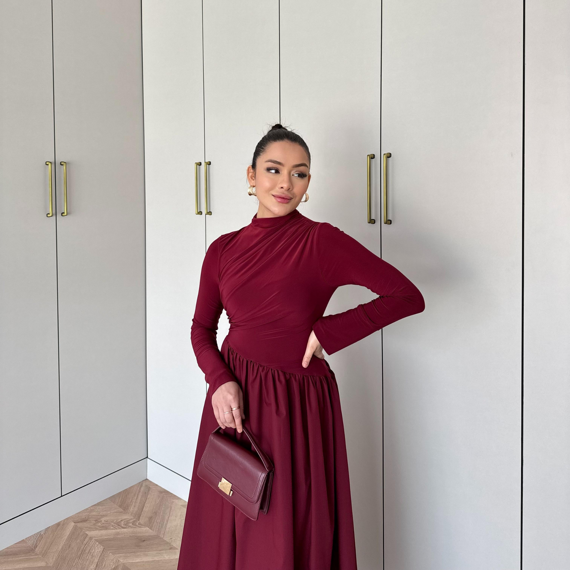 Layal Burgundy Gathered long-sleeved Maxi dress