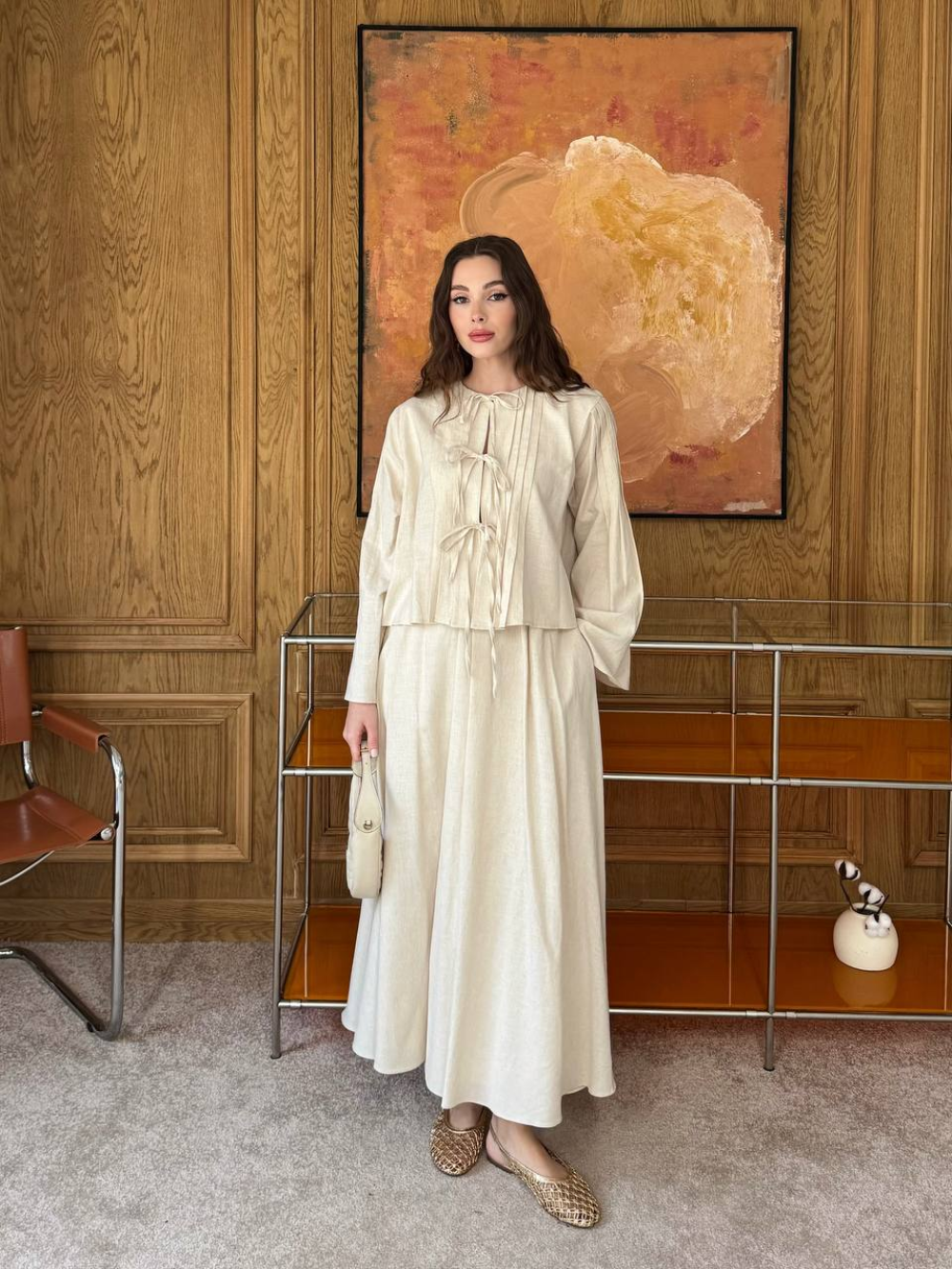 Front Tie Detail Linen Skirt Co-Ord Cream