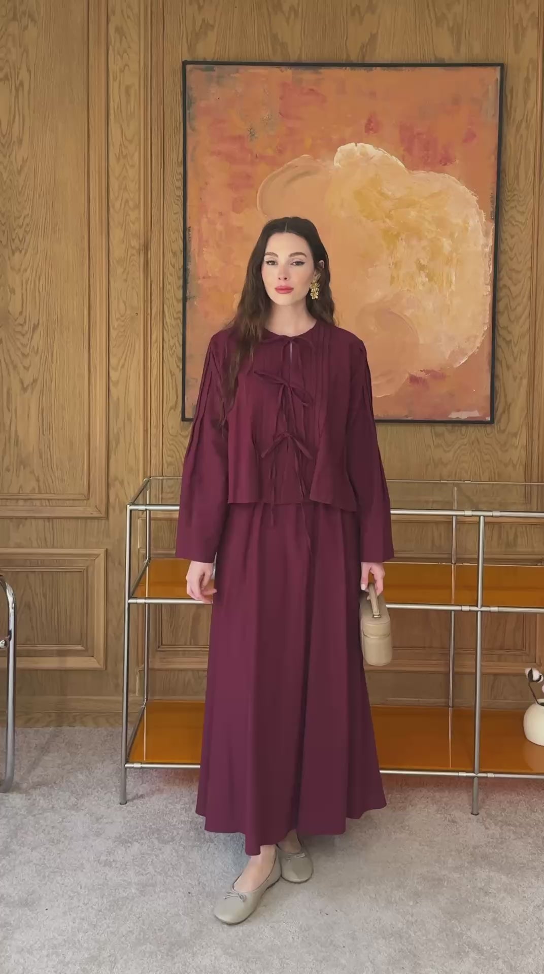 Front Tie Detail Linen Skirt Co-Ord Burgandy